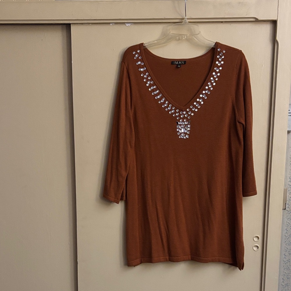 IMAN Brown Long Sleeve Top with Silver Details